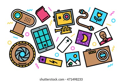 Amateur Photography Concept Line Art Illustration. Contemporary Trendy Vector Icons.