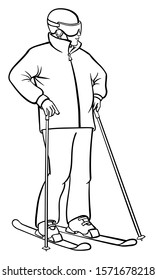 Amateur skier in downhill skiing equipment. Vector outline illustration drawings of a character in hand drawn style. A beginner skier stands on skies and holds ski poles. Man in helmet and skiing gear