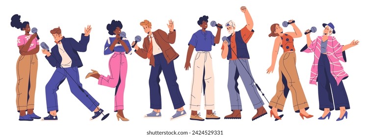 Amateurs singers singing songs, holding microphones. Vector flat cartoon characters in karaoke, show or concert of people enjoying music performance. Live show of professional man and women