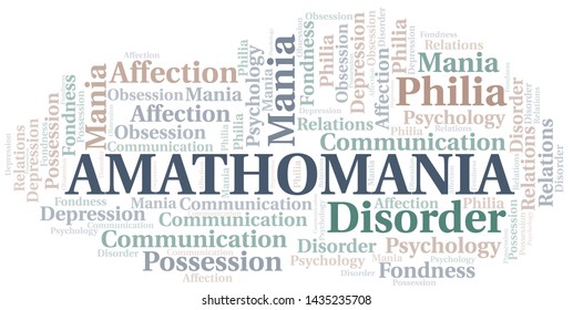 Amathomania word cloud. Type of mania, made with text only.