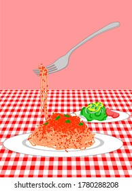 Amatriciana arrabbiata tomato sauce pasta spaghetti & salad illustration