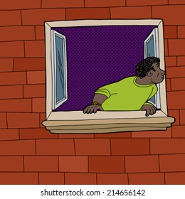 Amazed African adult man looking outside of window
