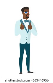 Amazed african-american groom watching movie in 3D glasses. Full length of young surprised groom wearing 3d glasses and giving thumbs up. Vector flat design illustration isolated on white background.