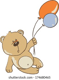 amazed  bear cub flying in balloons