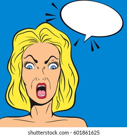 Amazed blond woman with cloud.Angry surprised blond woman with the comic cloud for text over her. Vector. Comic style.