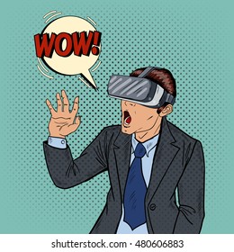 Amazed Business Man in Virtual Reality Goggles. Pop Art Vector illustration