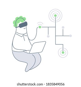 Amazed businessman touching interface during the VR or AR experience. Futuristic technology concept. Flat line vector illustration