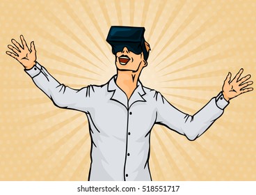 Amazed Businessman in Virtual Reality Goggles. Pop Art Vector illustration