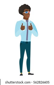 Amazed caucasian business man watching movie in 3D glasses. Full length of surprised business man wearing 3d glasses and giving thumbs up. Vector flat design illustration isolated on white background.