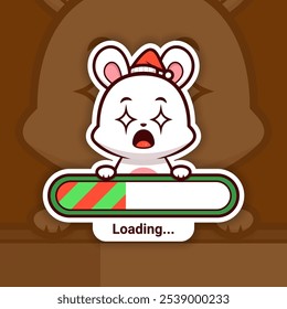 Amazed Christmas Bunny Holding a Loading Bar, Cute Vector Sticker Design, holidays are coming