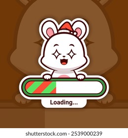 Amazed Christmas Bunny Holding a Loading Bar, Cute Vector Sticker Design, holidays are coming