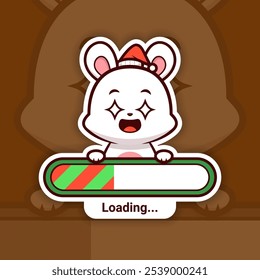 Amazed Christmas Bunny Holding a Loading Bar, Cute Vector Sticker Design, holidays are coming