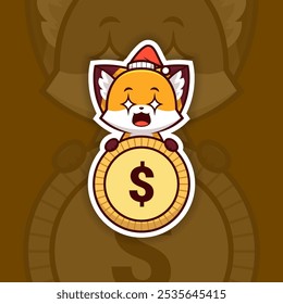 Amazed Christmas Fox Holding Coin or Money Icon, Vector Sticker Design