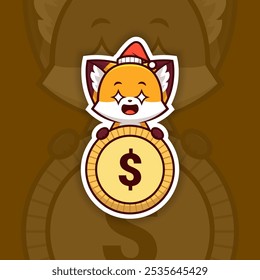 Amazed Christmas Fox Holding Coin or Money Icon, Vector Sticker Design