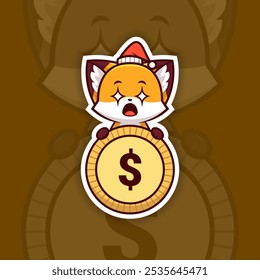 Amazed Christmas Fox Holding Coin or Money Icon, Vector Sticker Design