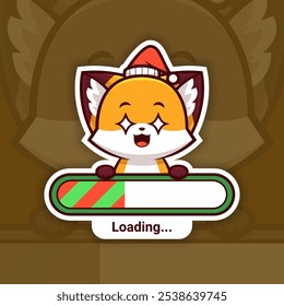 Amazed Christmas Fox Holding a Loading Bar, Cute Vector Sticker Design, the holidays are coming soon