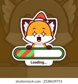 Amazed Christmas Fox Holding a Loading Bar, Cute Vector Sticker Design, the holidays are coming soon