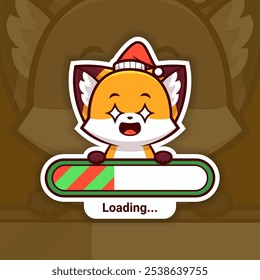 Amazed Christmas Fox Holding a Loading Bar, Cute Vector Sticker Design, the holidays are coming soon