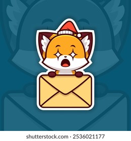 Amazed Christmas Fox Holding Mail Icon, Vector Sticker Design