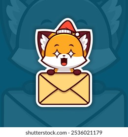 Amazed Christmas Fox Holding Mail Icon, Vector Sticker Design