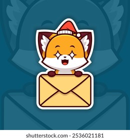 Amazed Christmas Fox Holding Mail Icon, Vector Sticker Design