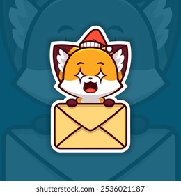 Amazed Christmas Fox Holding Mail Icon, Vector Sticker Design