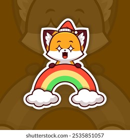 Amazed Christmas Fox Holding Rainbow Icon, Vector Sticker Design