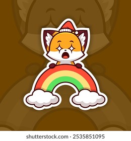 Amazed Christmas Fox Holding Rainbow Icon, Vector Sticker Design