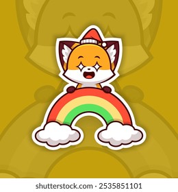 Amazed Christmas Fox Holding Rainbow Icon, Vector Sticker Design