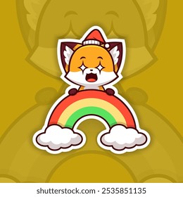 Amazed Christmas Fox Holding Rainbow Icon, Vector Sticker Design