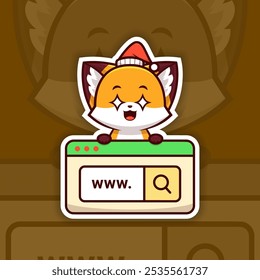 Amazed Christmas Fox Holding a Web Search Icon, Sticker Design Vector