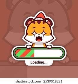 Amazed Christmas Tiger Holding a Loading Bar, Cute Vector Sticker Design