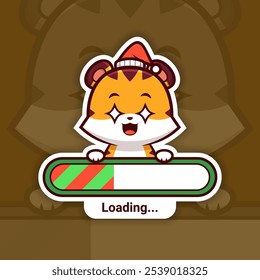 Amazed Christmas Tiger Holding a Loading Bar, Cute Vector Sticker Design