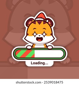 Amazed Christmas Tiger Holding a Loading Bar, Cute Vector Sticker Design