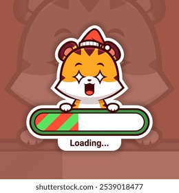 Amazed Christmas Tiger Holding a Loading Bar, Cute Vector Sticker Design