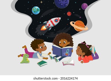 Amazed Dark Skin Kids Reading Fantasy Cosmos Book Storybook Open Space Galaxy Travel By Spaceship