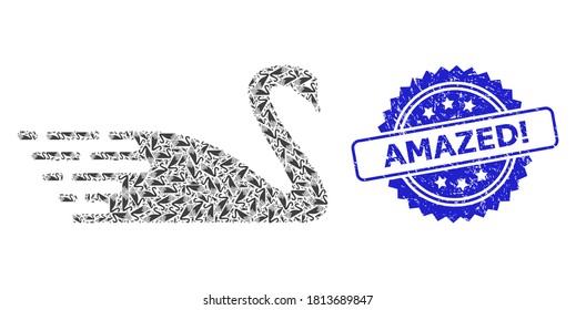 ¡Increíble! sello sucio y cisne de mosaico de recursión vectorial. ¡El sello azul incluye el sello Amazed! dentro de rosette. El mosaico vectorial se construye con pictogramas de cisne rotado al azar.
