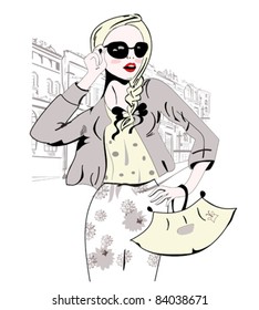 Amazed fashion girl in black sunglasses in the city