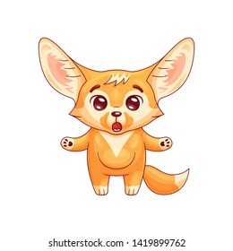 Amazed fennec fox with paws spreading wide. Cute kawaii cartoon character. Funny emotion and face expression. Isolated on white background