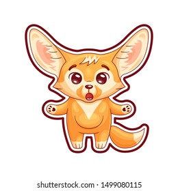 Amazed fennec fox with paws spreading wide. Cute kawaii cartoon character with single contour  of whole image for using as a sticker, etc.  Funny emotion and face expression