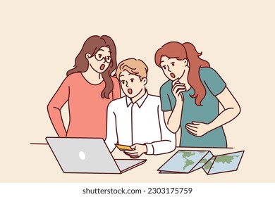 Amazed friends with credit card shopping online choosing travel package or hotel for shared vacation. Travelers who book hotel or apartment online benefit from low prices or big discounts 