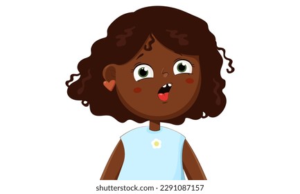 Amazed Funny Little Black skin Girl Cartoon Character Illustration.Suprised cute child isolated white backround.Vector