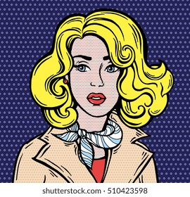Amazed girl. Pop Art, 1950s style poster. Dot background, raster effect. Vector fashion illustration. Hand drawn portrait sketch. Comics story. Colorful. Red, blue, black, beige, yellow colors