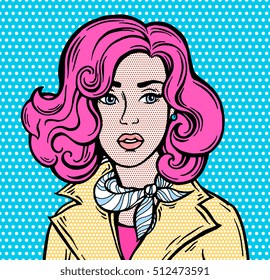 Amazed girl. Pop Art, 1950s style poster. Dot background, raster effect. Vector fashion illustration. Hand drawn portrait sketch. Comics story. Colorful. Pink, blue, black, beige, yellow colors