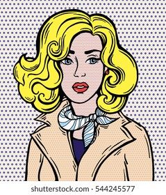 Amazed girl. Pop Art, 1950s style poster. Dot background, raster effect. Vector fashion illustration. Hand drawn portrait sketch. Comics story. Colorful. Red, black, beige, yellow color