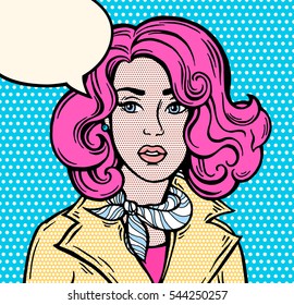 Amazed girl, speech bubble. Pop Art, 1950s style poster. Dot background, raster effect. Vector fashion illustration. Hand drawn portrait sketch. Comics story. Colorful. Pink, black, beige, blue color