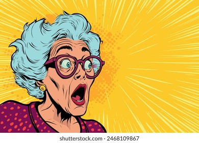 Una abuela asombrosa. Vieja, mujer canosa en gafas y mirando con sorpresa. Noticias increíbles, concepto de gran venta en estilo de cómic retro de arte pop