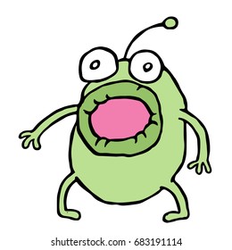 Amazed green alien opened his mouth. Fright and fear. Cute cartoon character. Vector illustration.