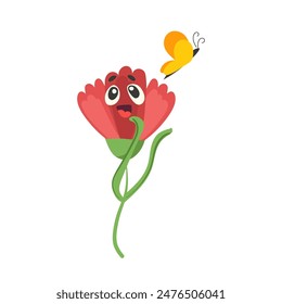 Amazed happy flower cartoon character looking at flying butterfly isolated vector illustration