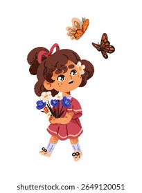 Criança surpreendente com buquê olha para borboletas voadoras. Menina bonita carrega posy de flores silvestres. A criança feliz anda com flores de prado de verão. Ilustração de vetor de desenho isolado plano em branco